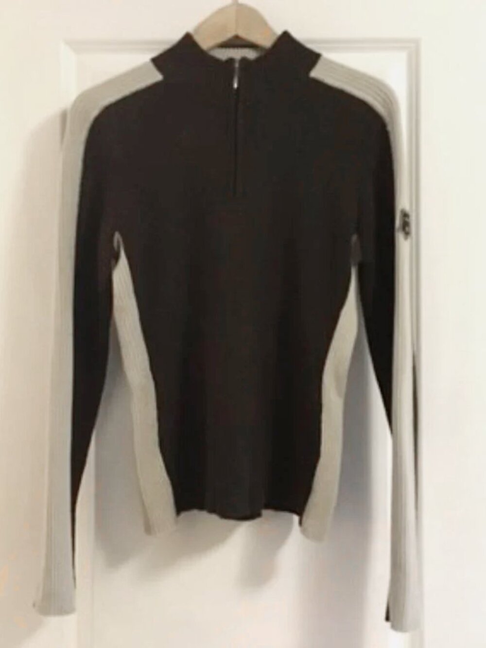 VTG Y2K LÖLE MONTREAL Espresso and Cream Wool Blend 1/4 Zip Sweater L Preppy